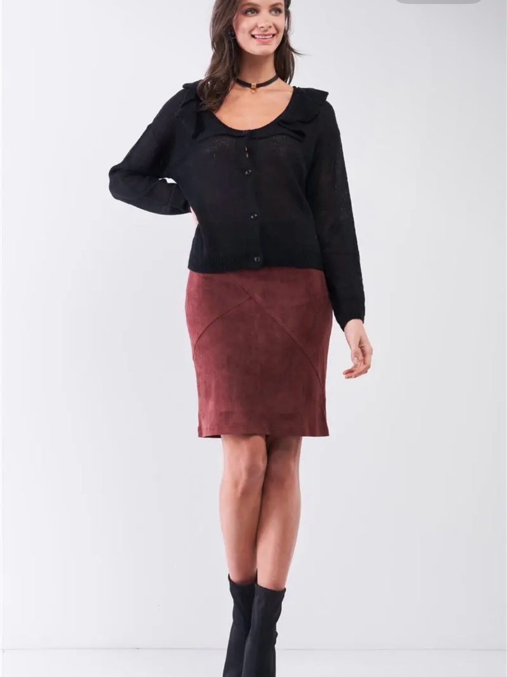 Black Ruffle-Collar Button-Front Sweater - Picture 2 of 3